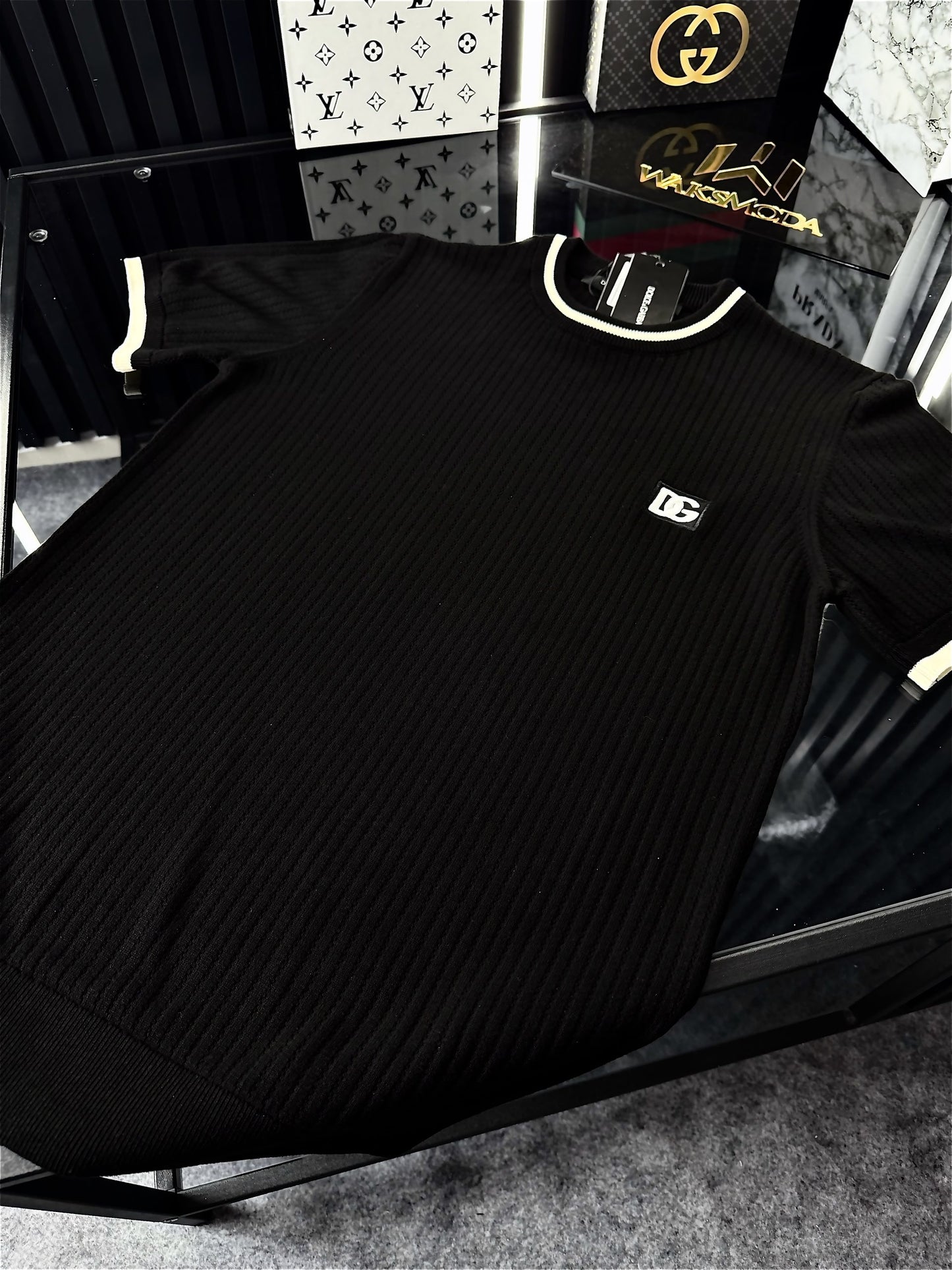 D&G Çizgili Örme Triko Tshirt /Siyah