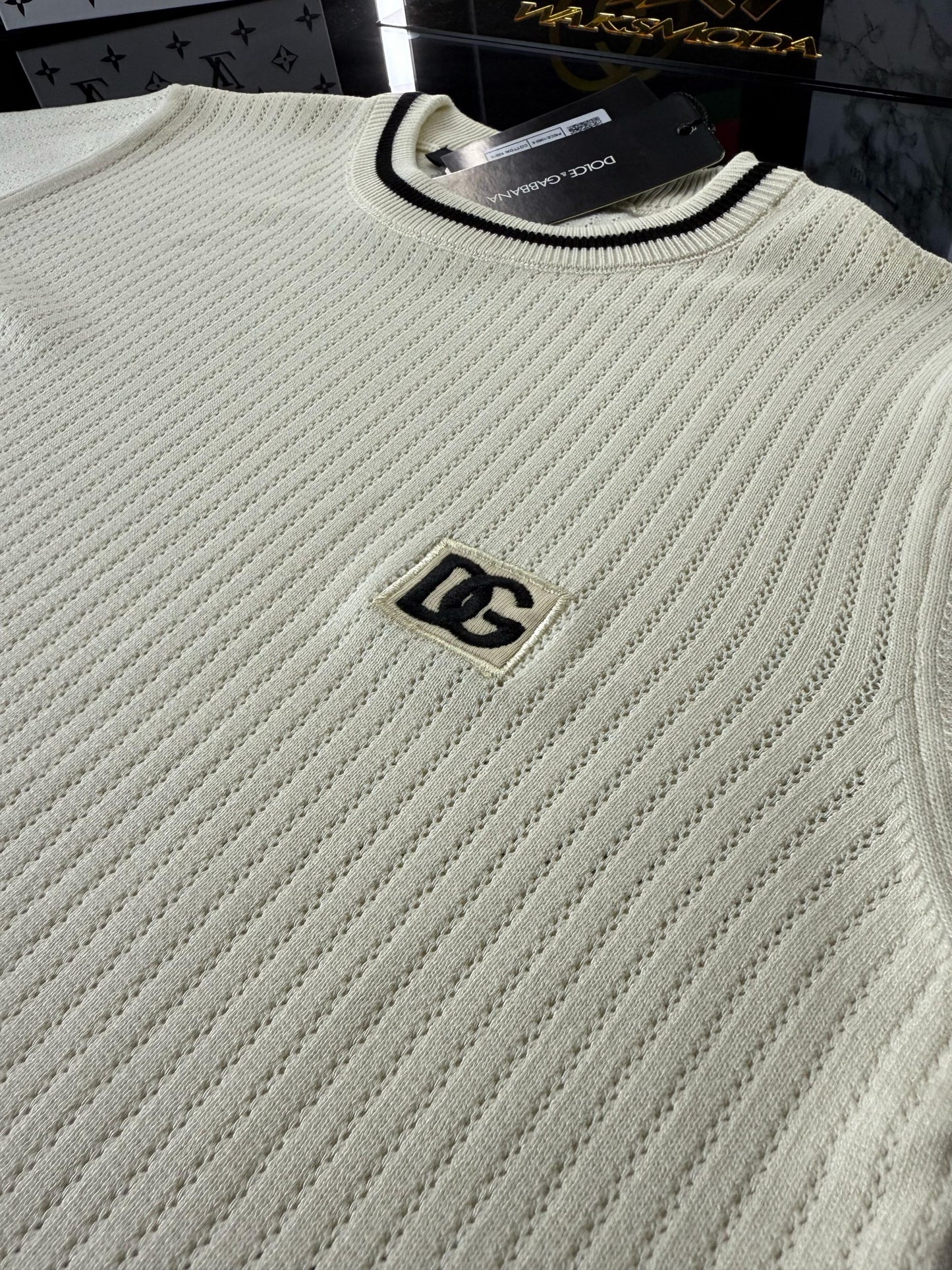 D&G Çizgili Örme Triko Tshirt /Beyaz