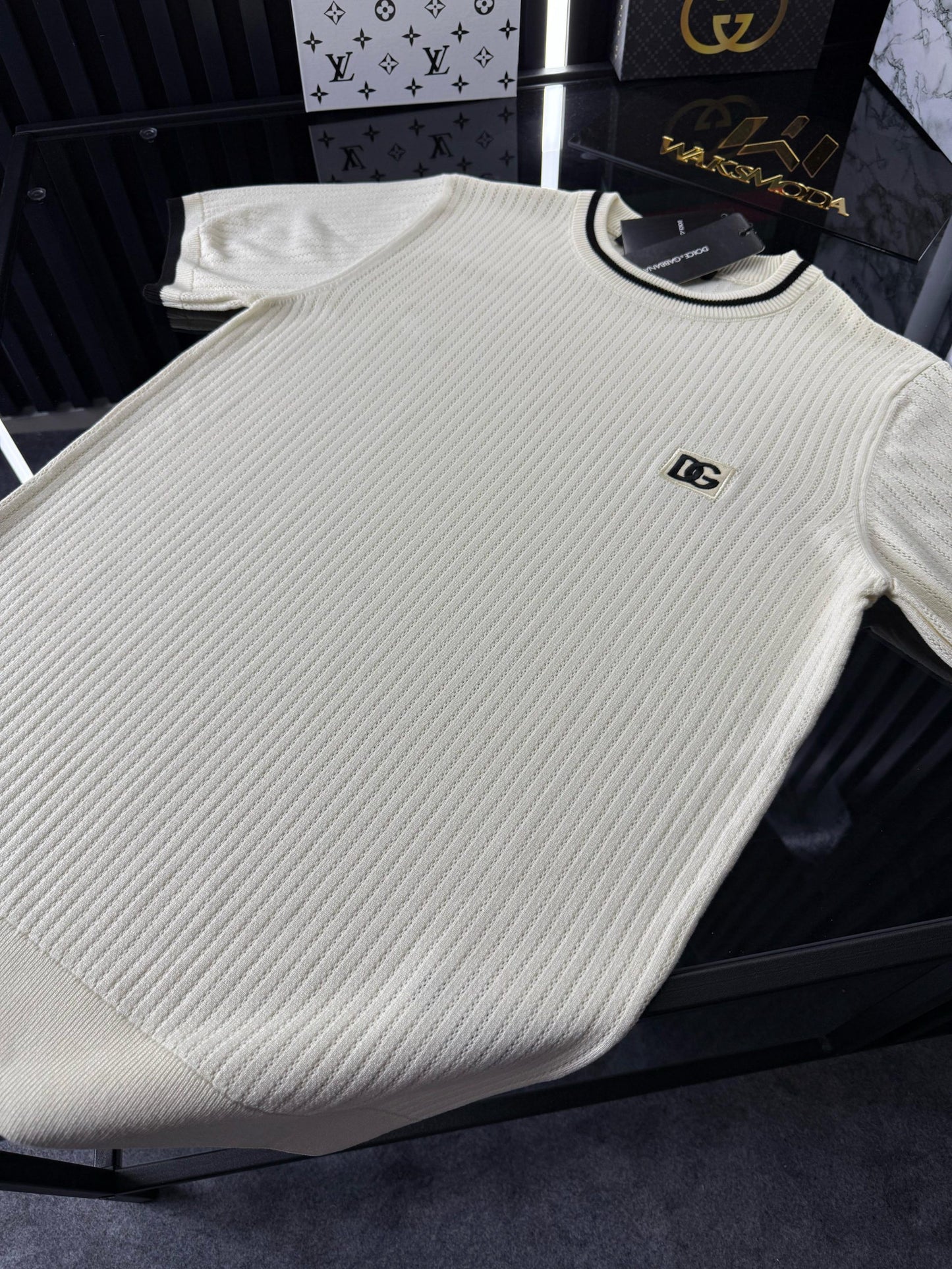 D&G Çizgili Örme Triko Tshirt /Beyaz