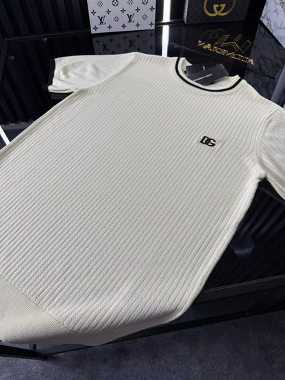 D&G Çizgili Örme Triko Tshirt /Beyaz