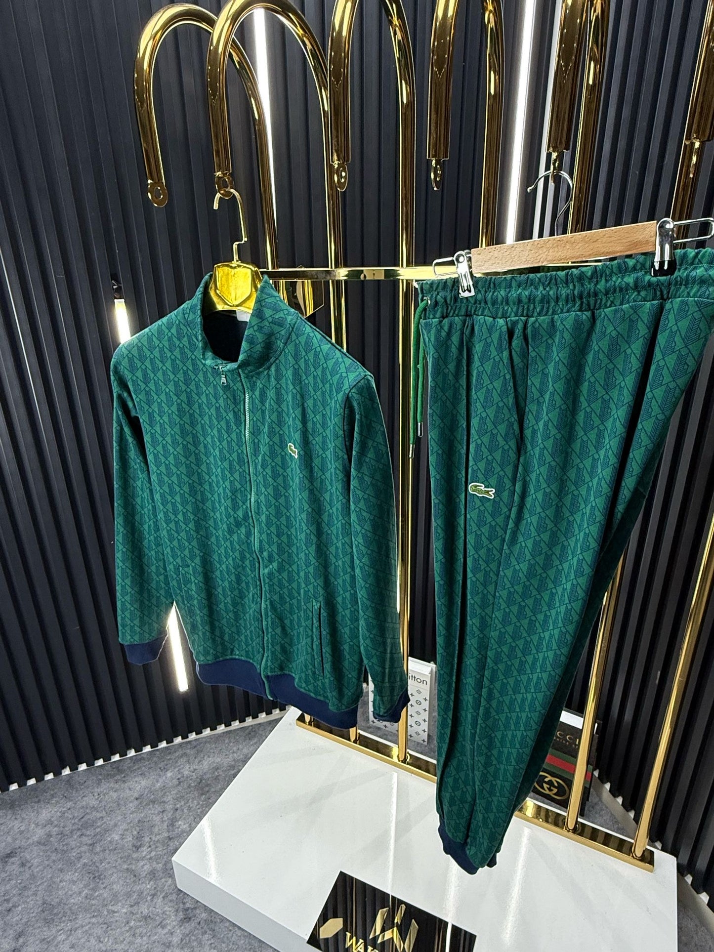 Lacoste  Kalın Ribana Yeşil Beyaz Eşofman Takımı